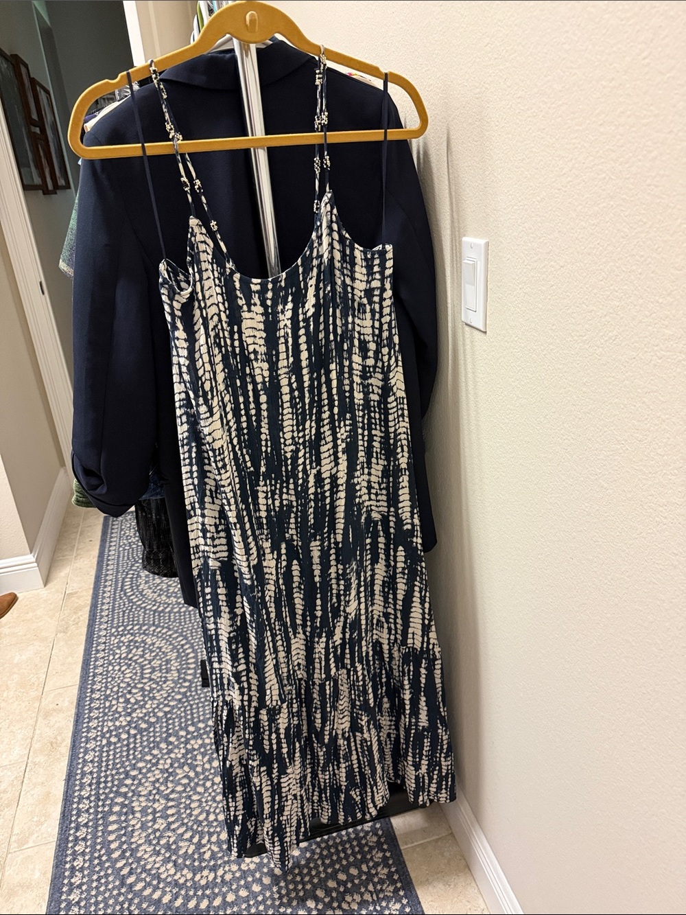 Navy and White Slip Dress with Tie-Dye Print